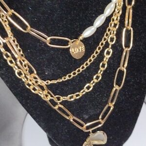 Fashion Jewelry Gold Multi-Layer Chain Necklace with White Accents